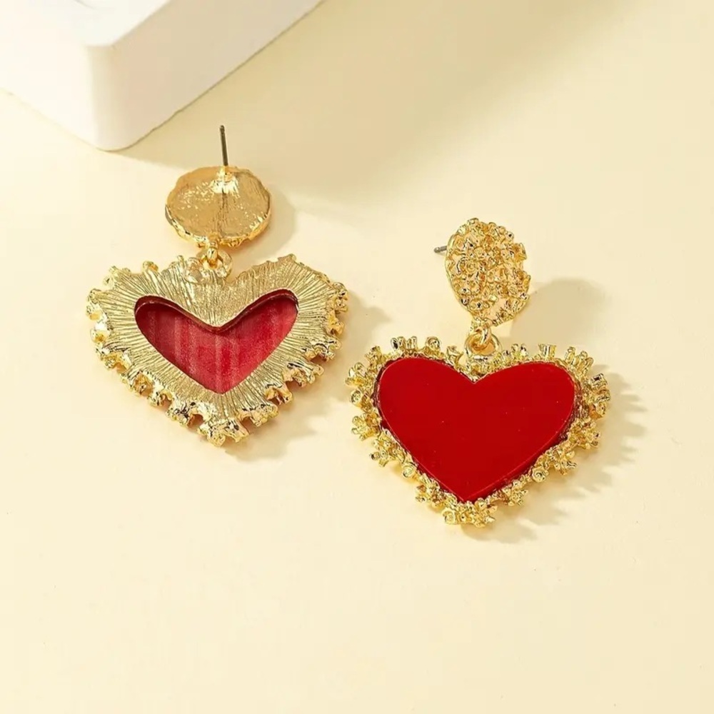 Glam Gold & Red Heart Earrings Romantic Drop - Picture 3 of 6